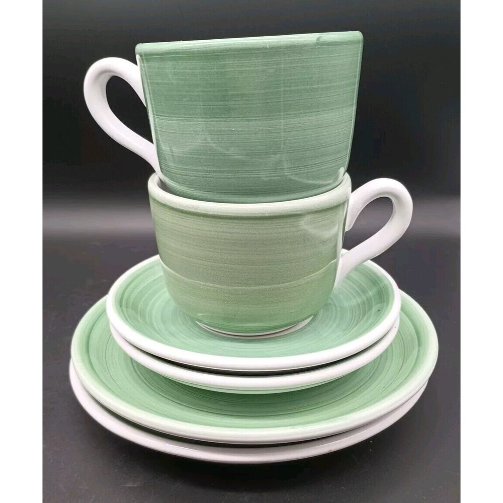 Caleca Italian Pottery Tea For Two Brush Green Mug Saucer Luncheon Plate